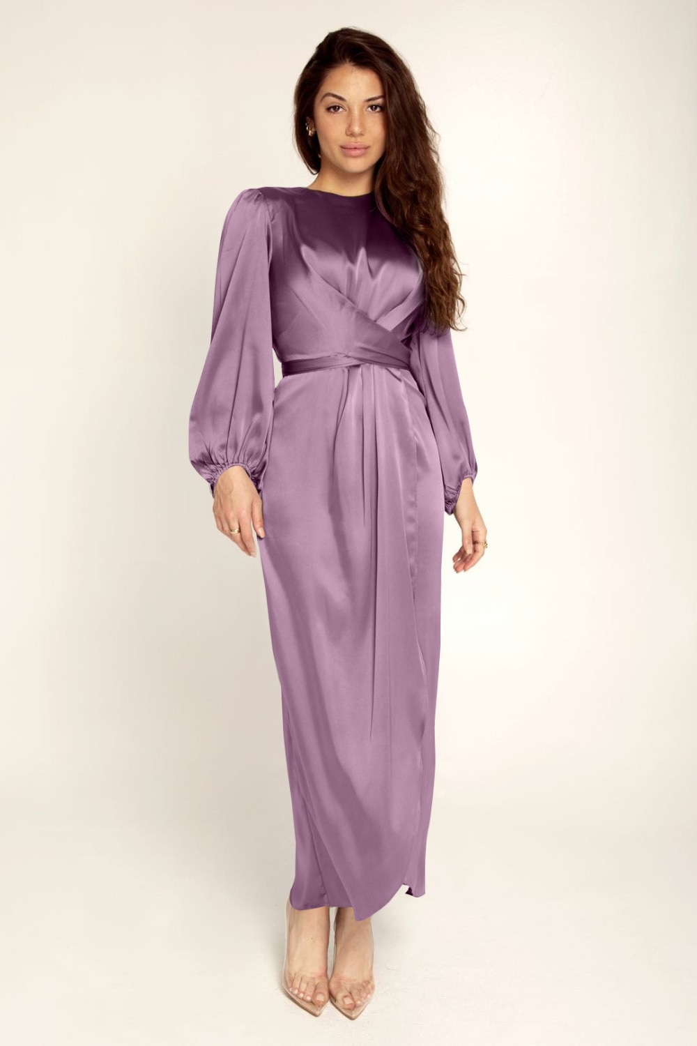 Satin Wrap Maxi Dress With Puff Sleeves After Moda