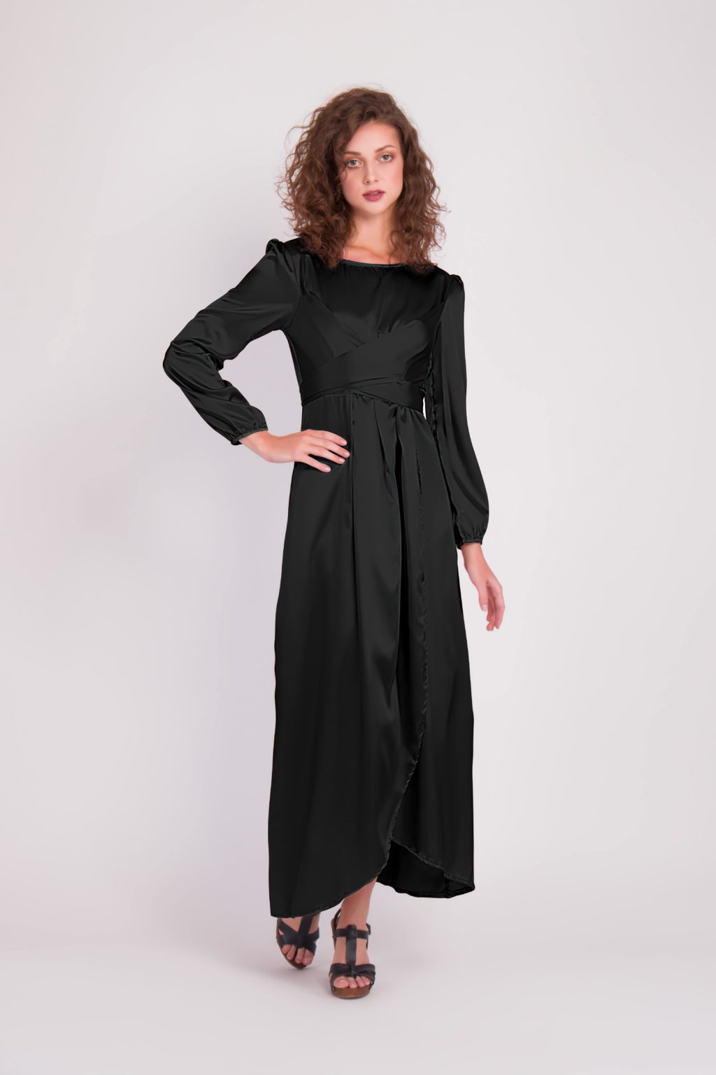 Satin Wrap Maxi Dress With Puff Sleeves After MODA