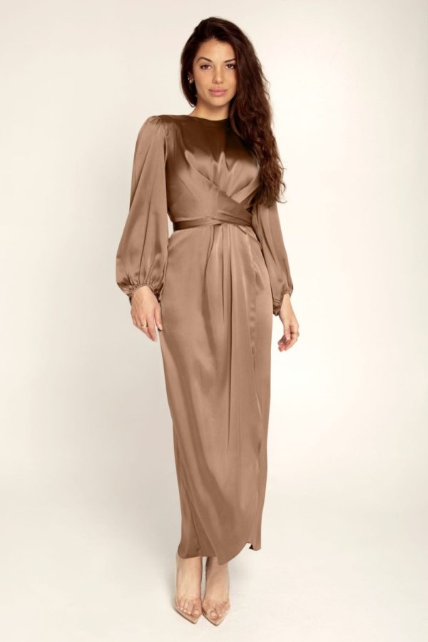 satin long sleeve maxi wrap dress