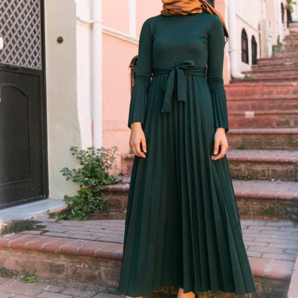 Long Pleated Maxi Dress with Belt – after MODA