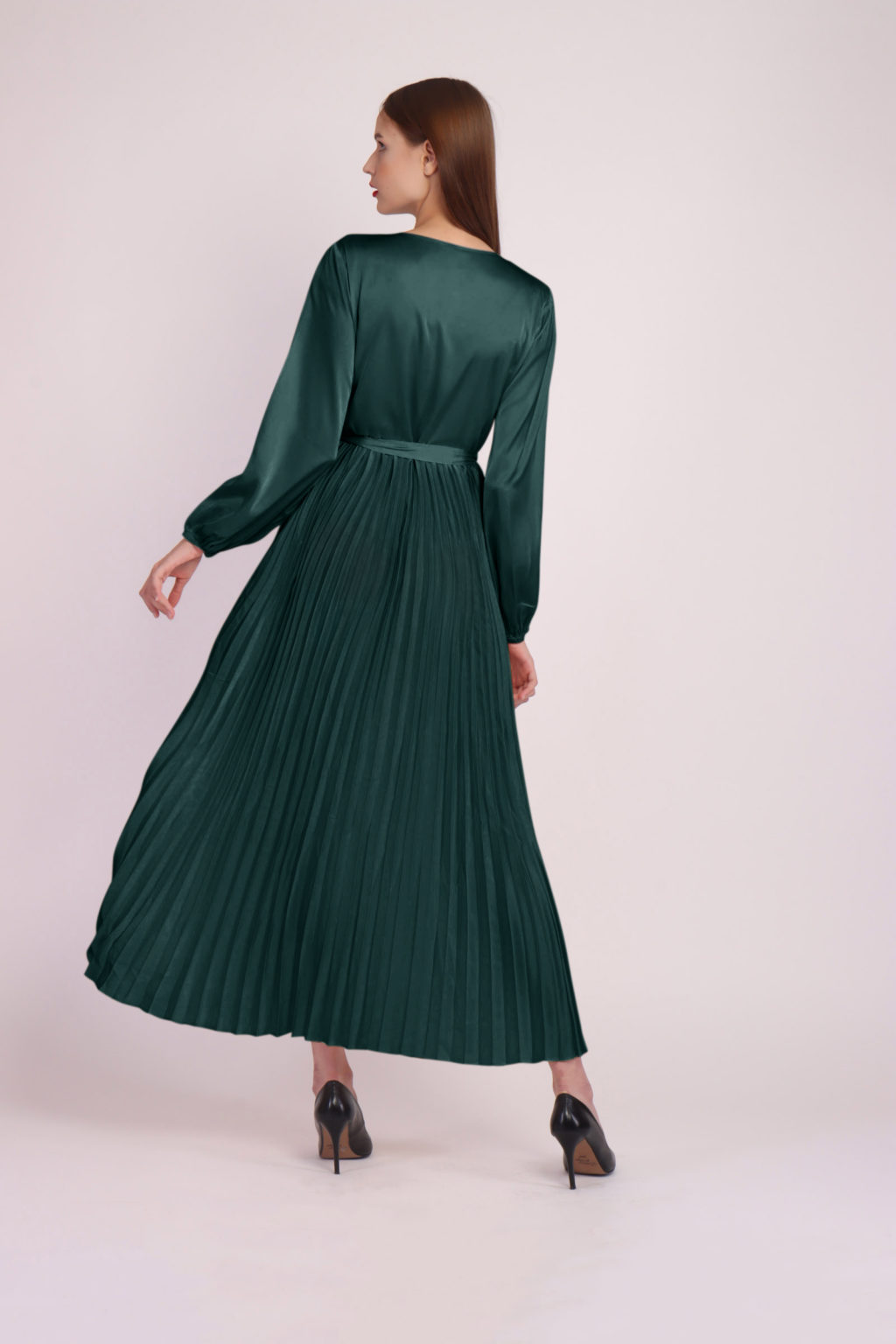 Long Sleeve Pleated Satin Maxi Dress After Moda 3573