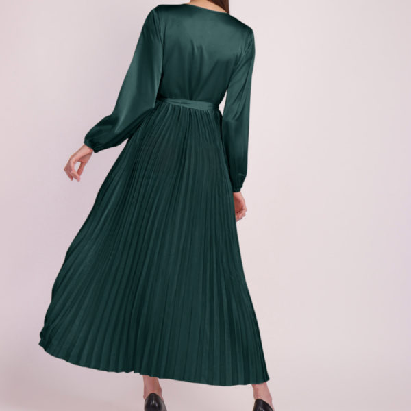 Long Sleeve Pleated Satin Maxi Dress After Moda