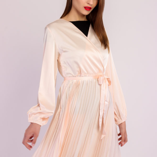 Long Sleeve Pleated Satin Maxi Dress After Moda