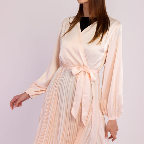 Long Sleeve Pleated Satin Maxi Dress After Moda