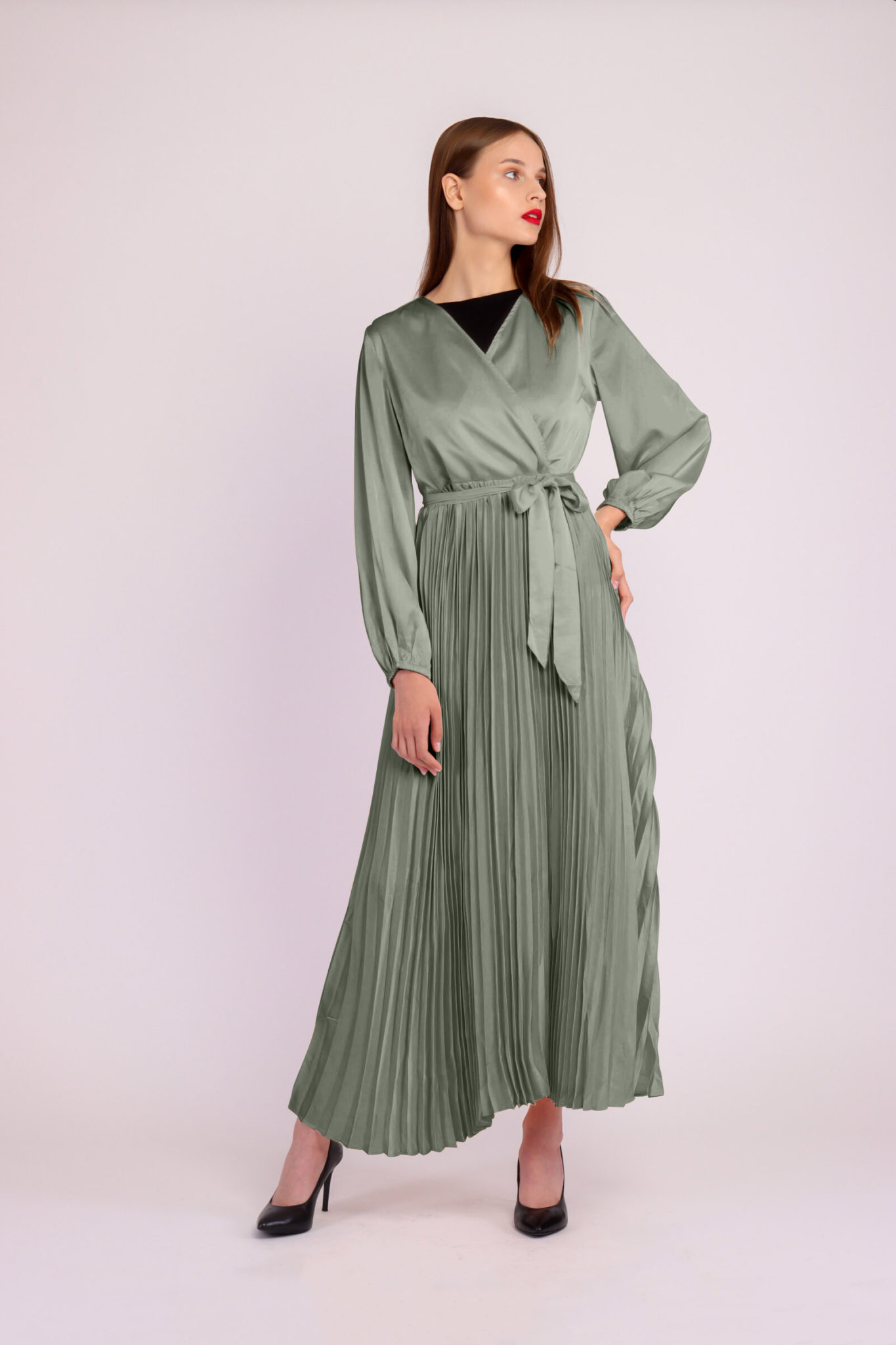 Long Sleeve Pleated Satin Maxi Dress After Moda 3617