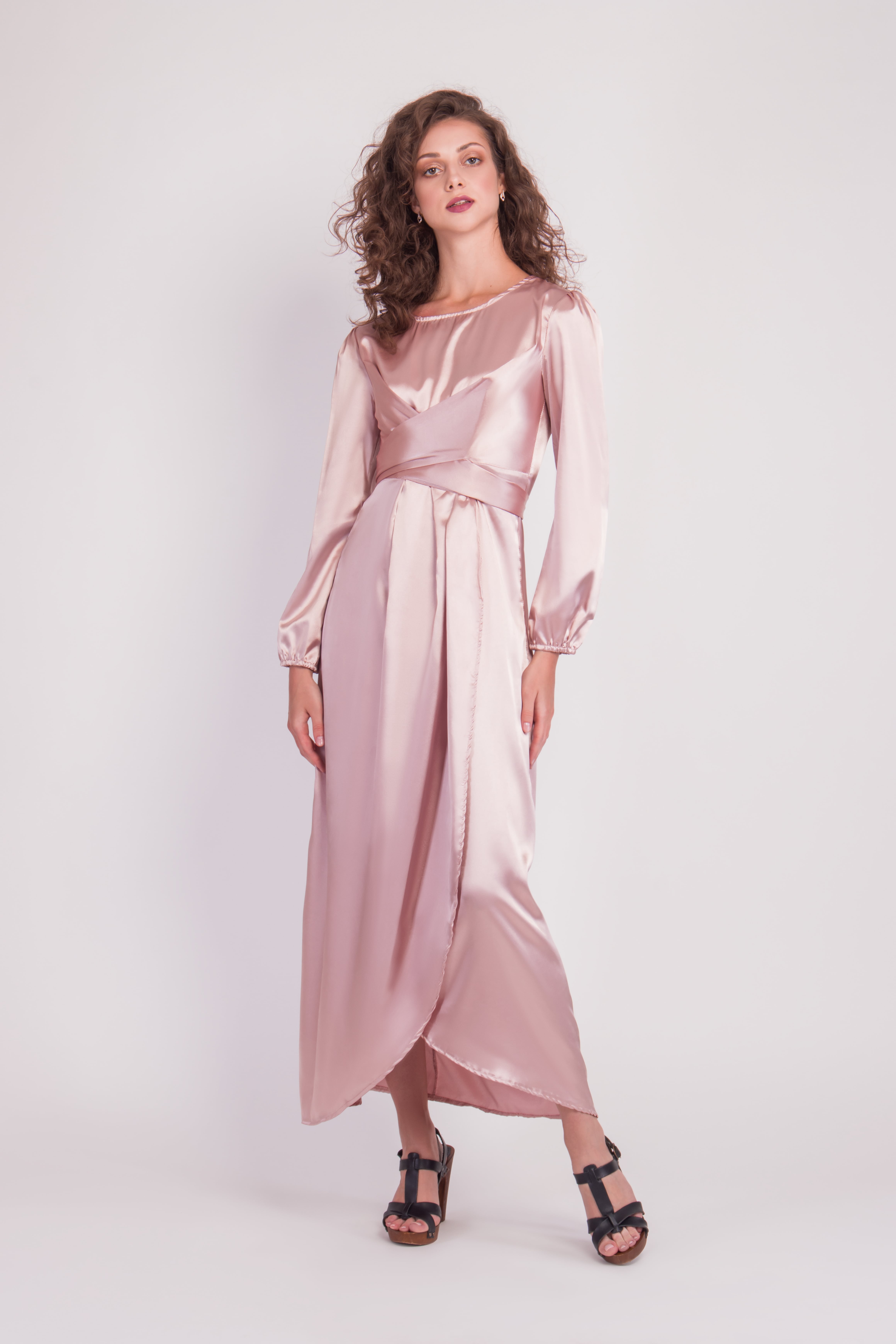 Satin Wrap Maxi Dress with Puff Sleeves | After Moda