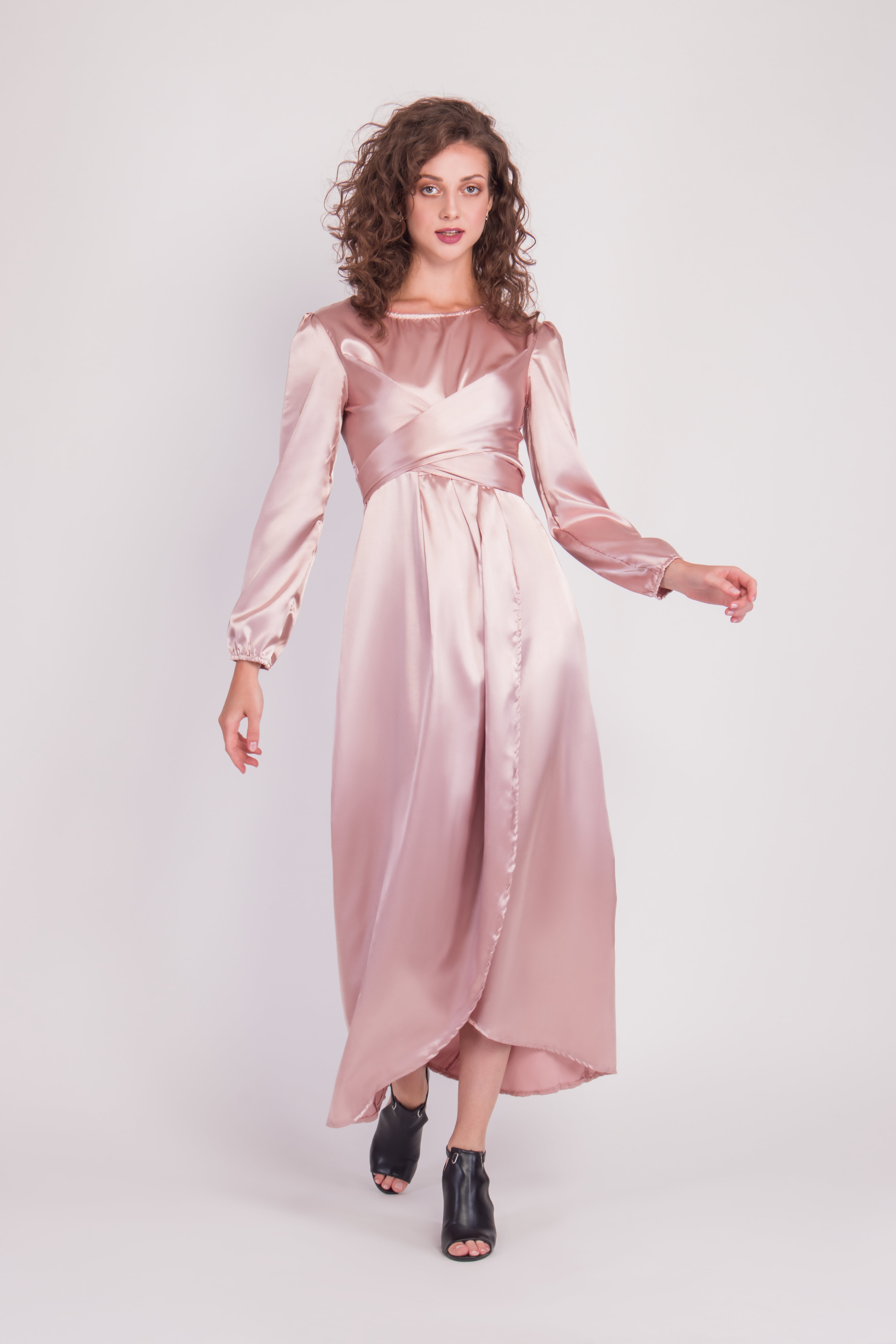 Satin Wrap Maxi Dress With Puff Sleeves After Moda 8850