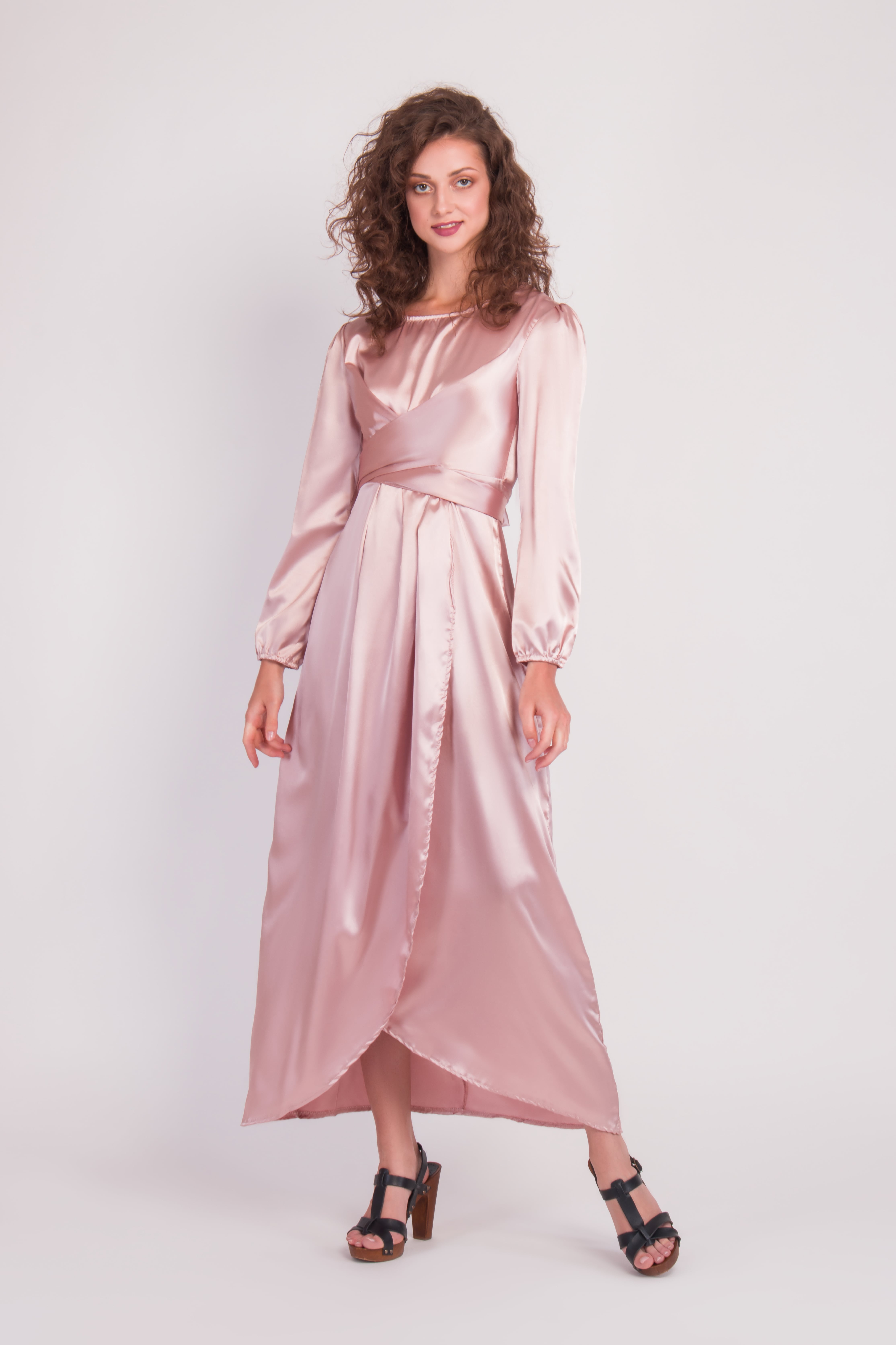 Satin Wrap Maxi Dress With Puff Sleeves After Moda 5090